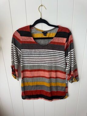 Rue21 Women's Striped Roll-Sleeve V-Neck Top in Reds, Grays & Mustard